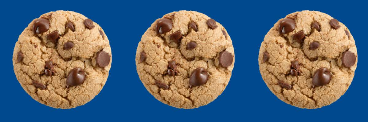 Three Girl Scout Caramel Chocolate Chip cookies on a dark blue background