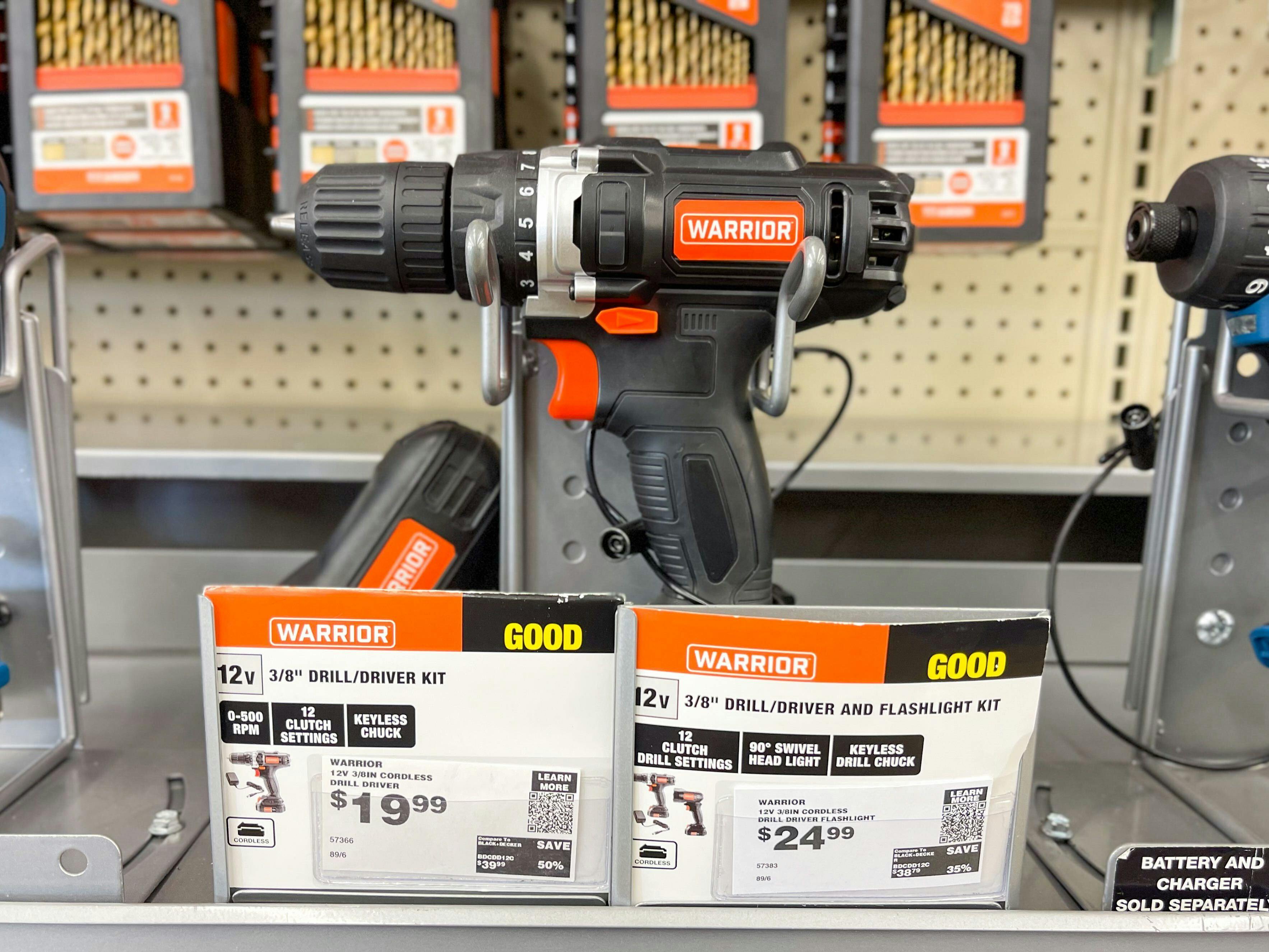 A warrior drill kit sitting on a store display