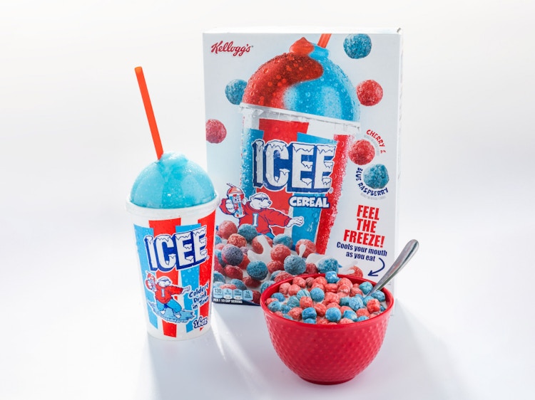 bowl of icee cereal with cereal box and a cup of icee 