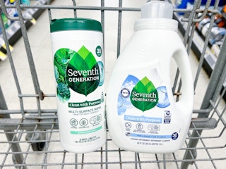 seventh generation laundry detergent and wipes in basket