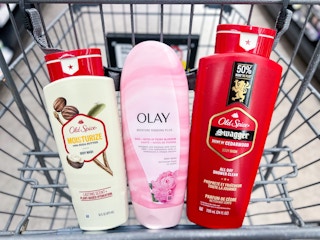 three bottles of body wash in shopping cart