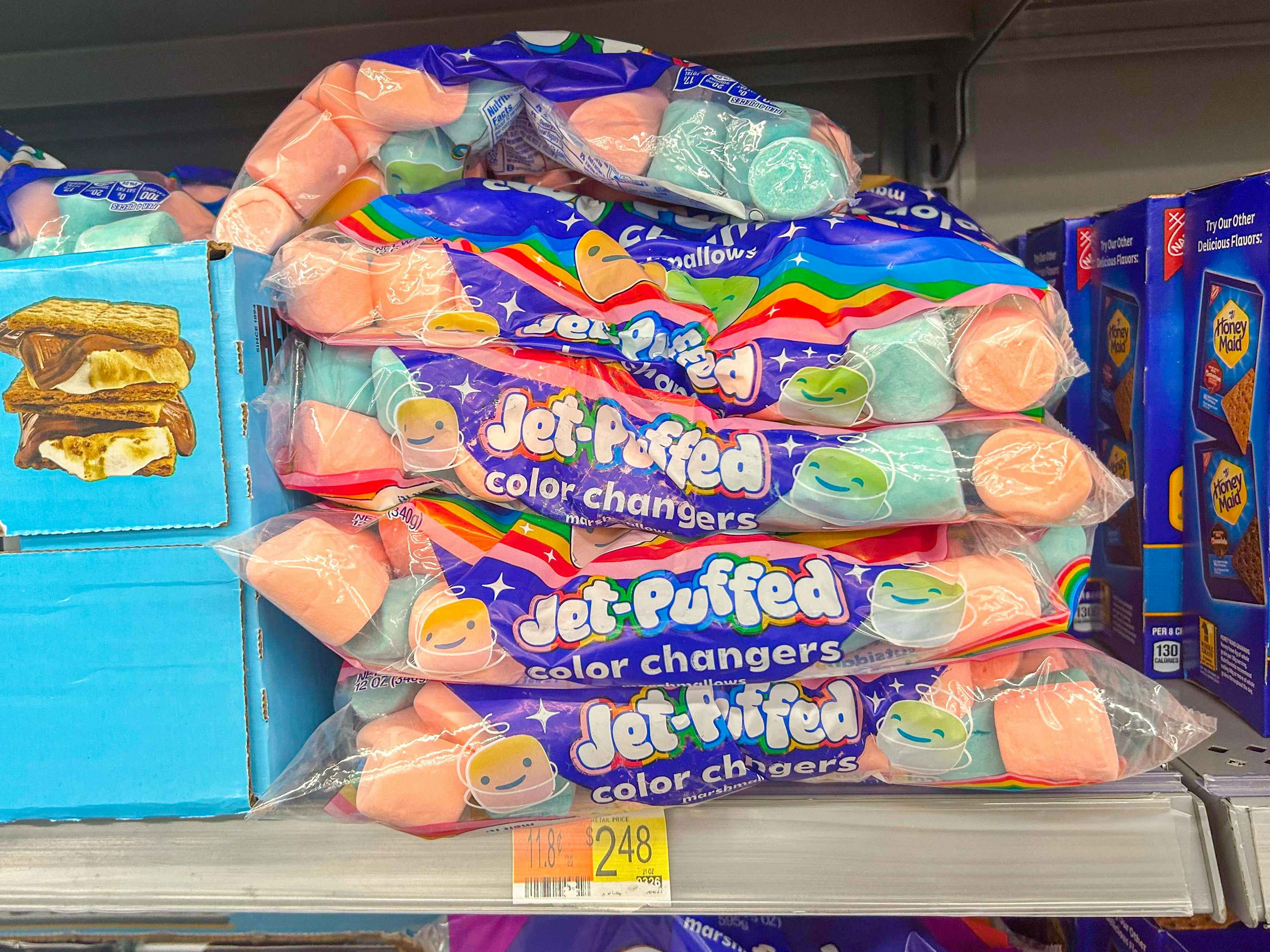 jet puffed color changer mashmallows on a store shelf