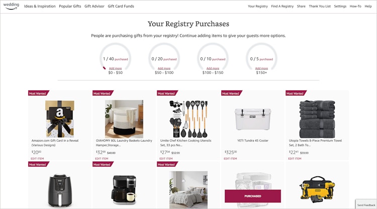 screenshot of amazon wedding registry most wanted and purchased flags