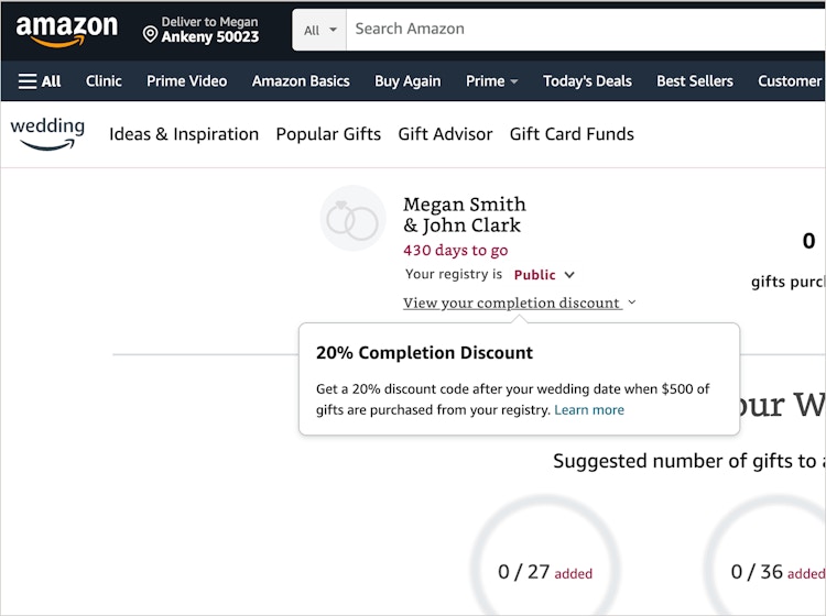 amazon wedding registry discount after wedding screenshot