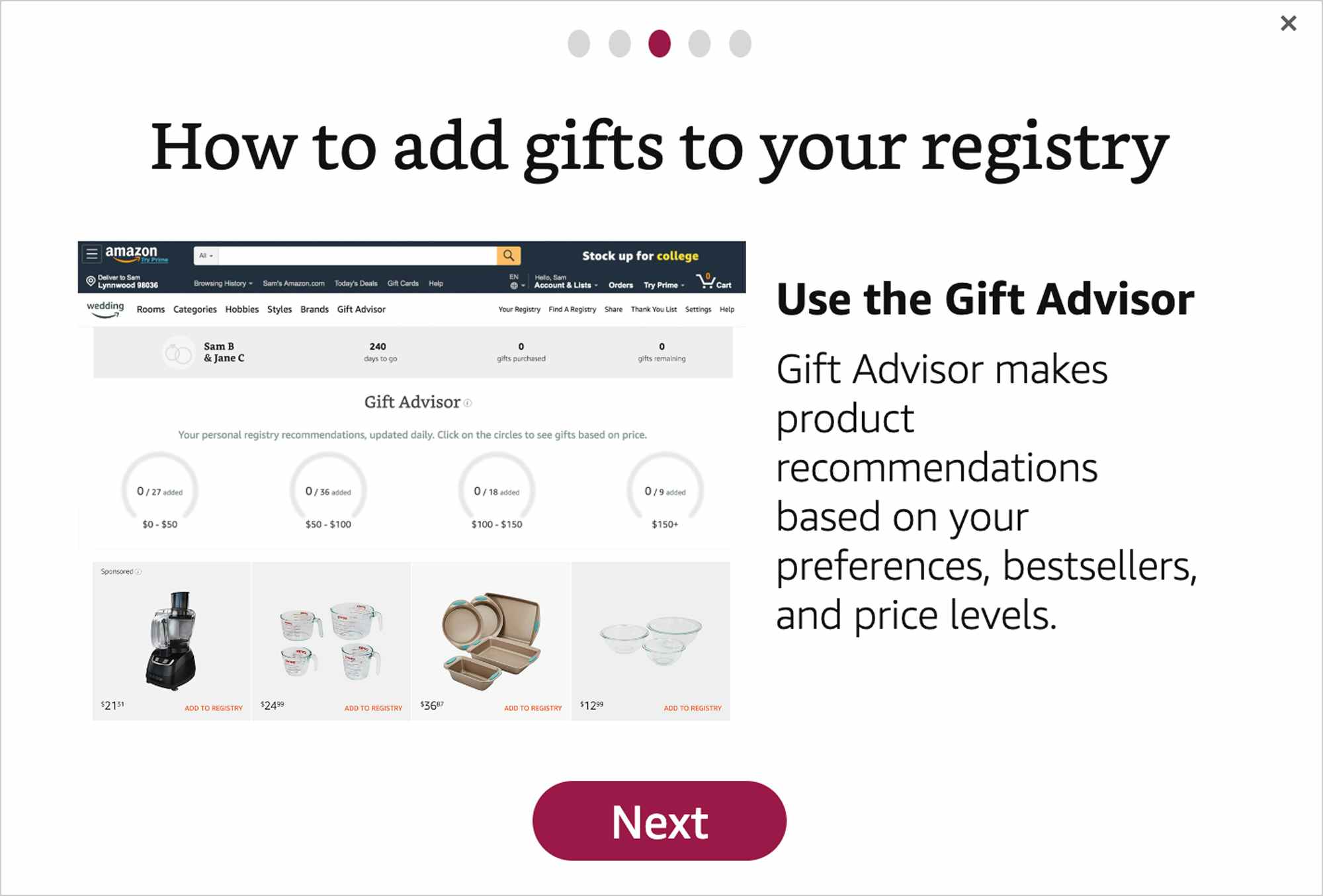 screenshot of amazon wedding registry gift advisory tool
