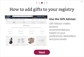 screenshot of amazon wedding registry gift advisory tool