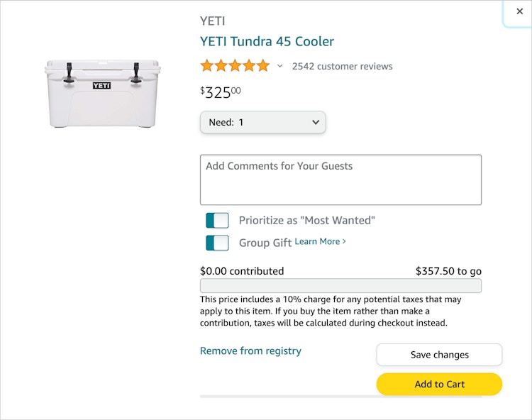 screenshot of amazon wedding registry most wanted items