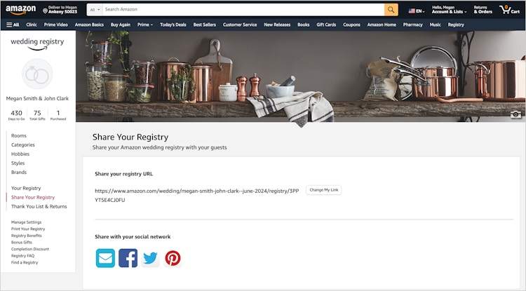 screenshot of amazon wedding registry sharable link