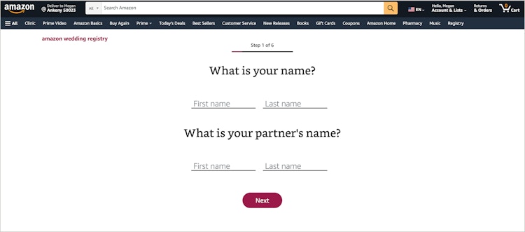 screenshot of amazon wedding registry sign up page