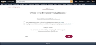 screenshot of amazon wedding registry sign up