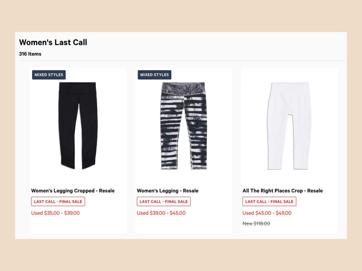 Some Last Call items on the Lululemon Like New page