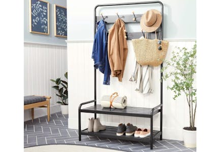 Entryway Bench & Hall Tree with 7 Hooks and Shelf