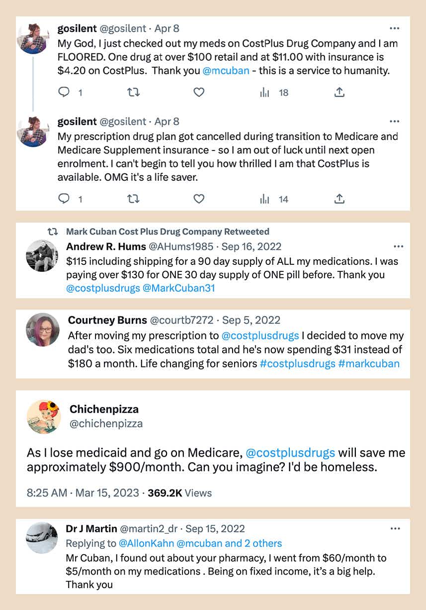 Some comments from twitter with positive feedback on Mark Cuban Cost Plus drugs pharmacy