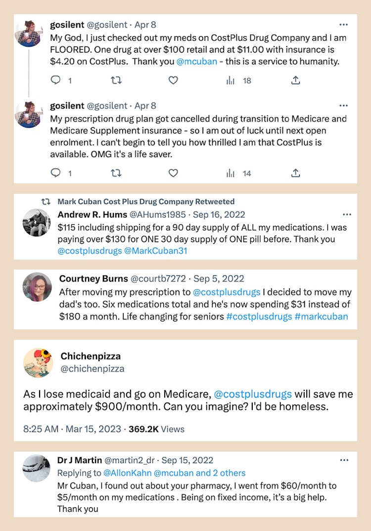 Some comments from twitter with positive feedback on Mark Cuban Cost Plus drugs pharmacy