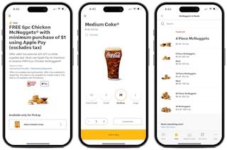 Three phones showing how to redeem an offer on the McDonald's app