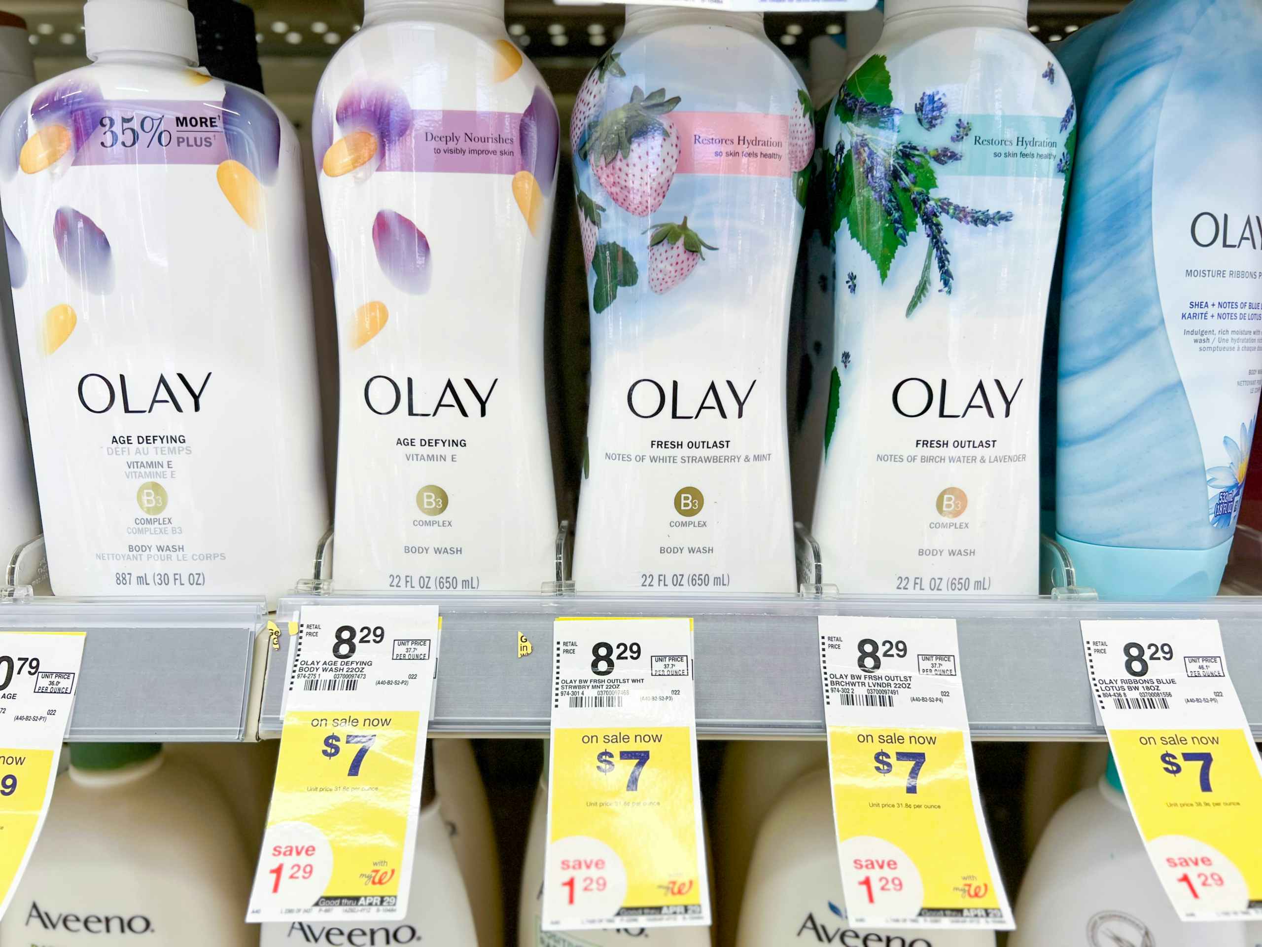 olay body wash on a shelf with sale tags at walgreens