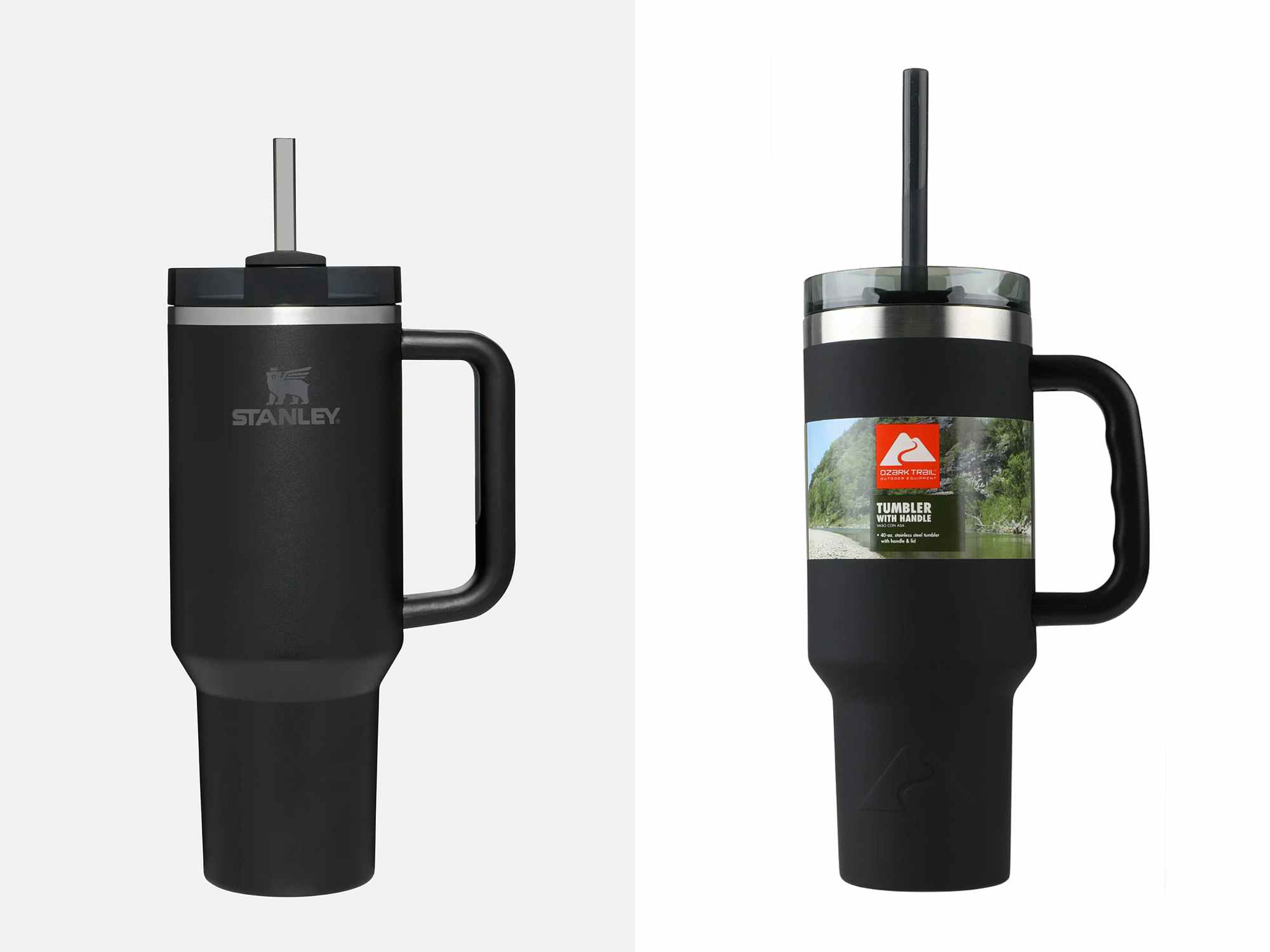 graphic showing stanley 40-ounce quencher h2.0 flowstate tumbler vs ozark trail tumbler