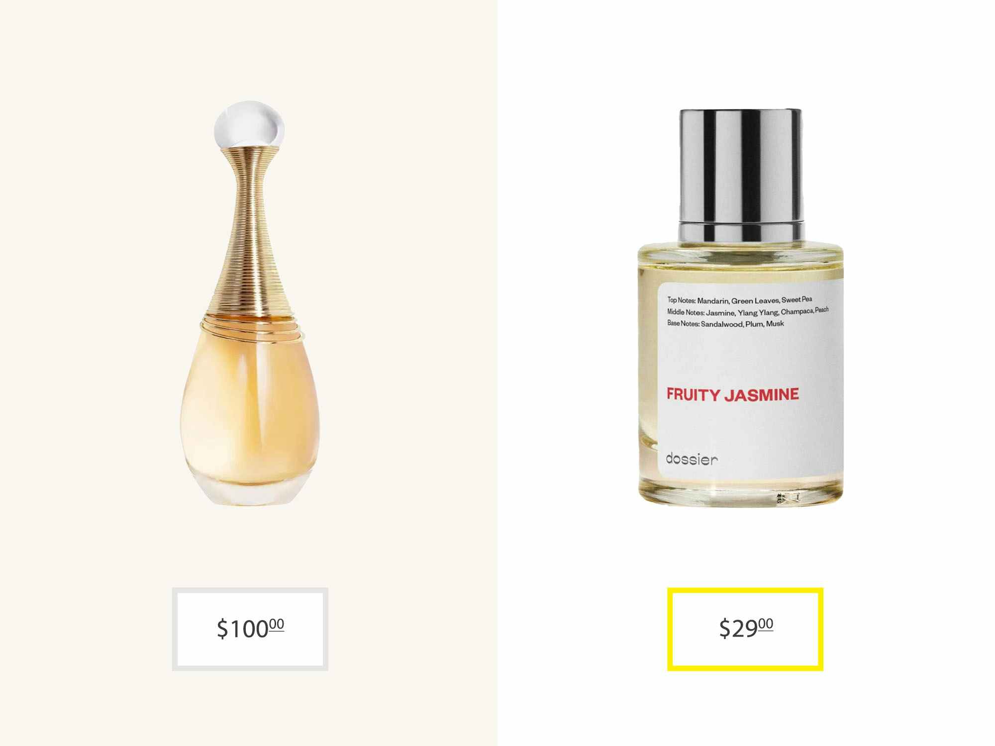 J'adore fragrance next to the dossier fruity jasmine for price comparision