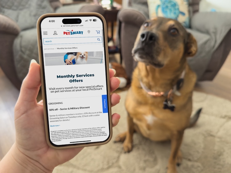 Someone looking at the Petsmart Monthly services offers on their phone in front of a sitting dog