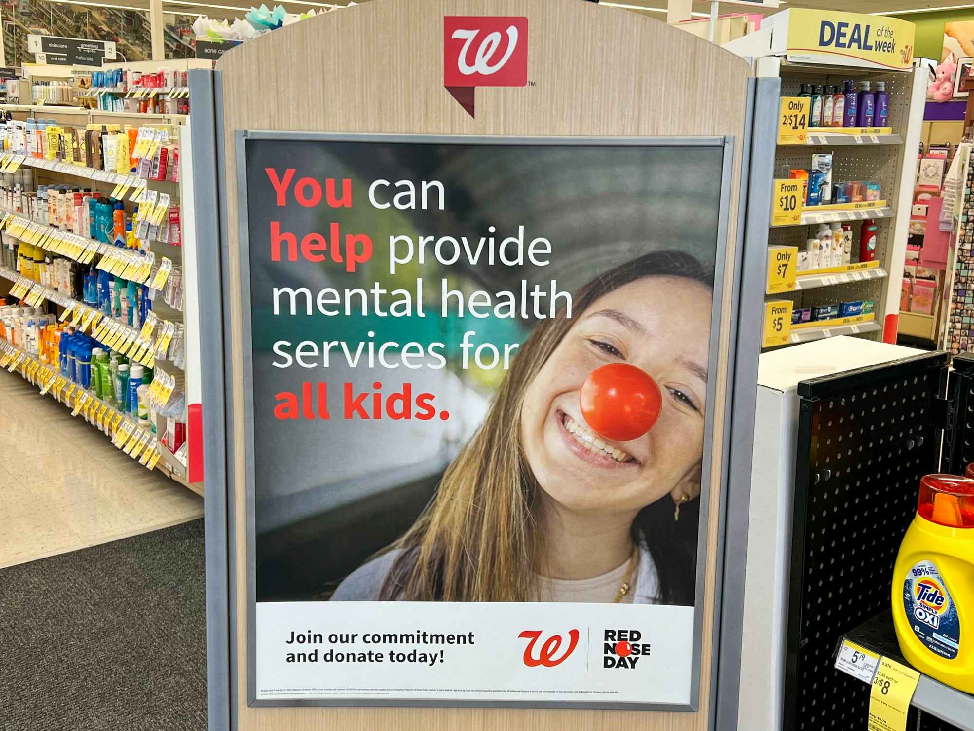 A sign in Walgreens about Red Nose Day