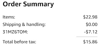 amazon order summary screenshot with promo code savings and total