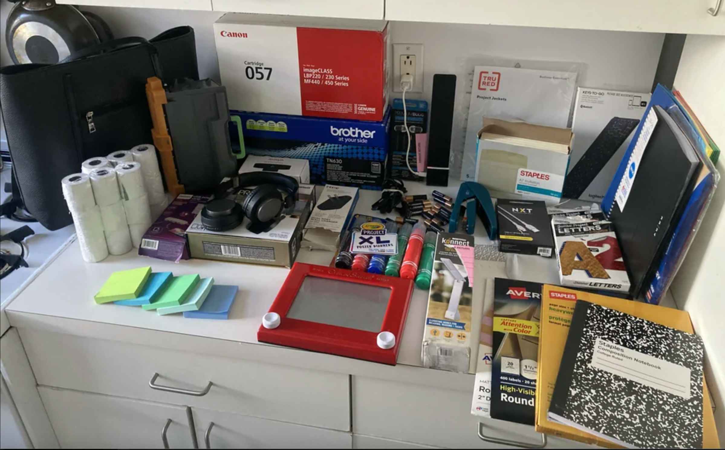 A bunch of products retrieved from a Staples office dumpster