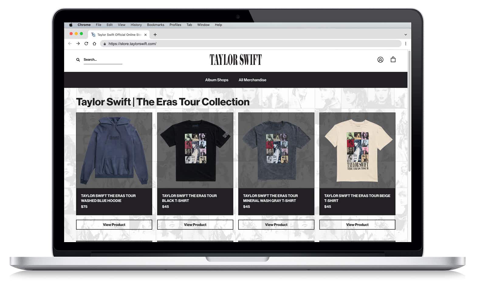 taylor swift eras tour merch site screenshot on a laptop