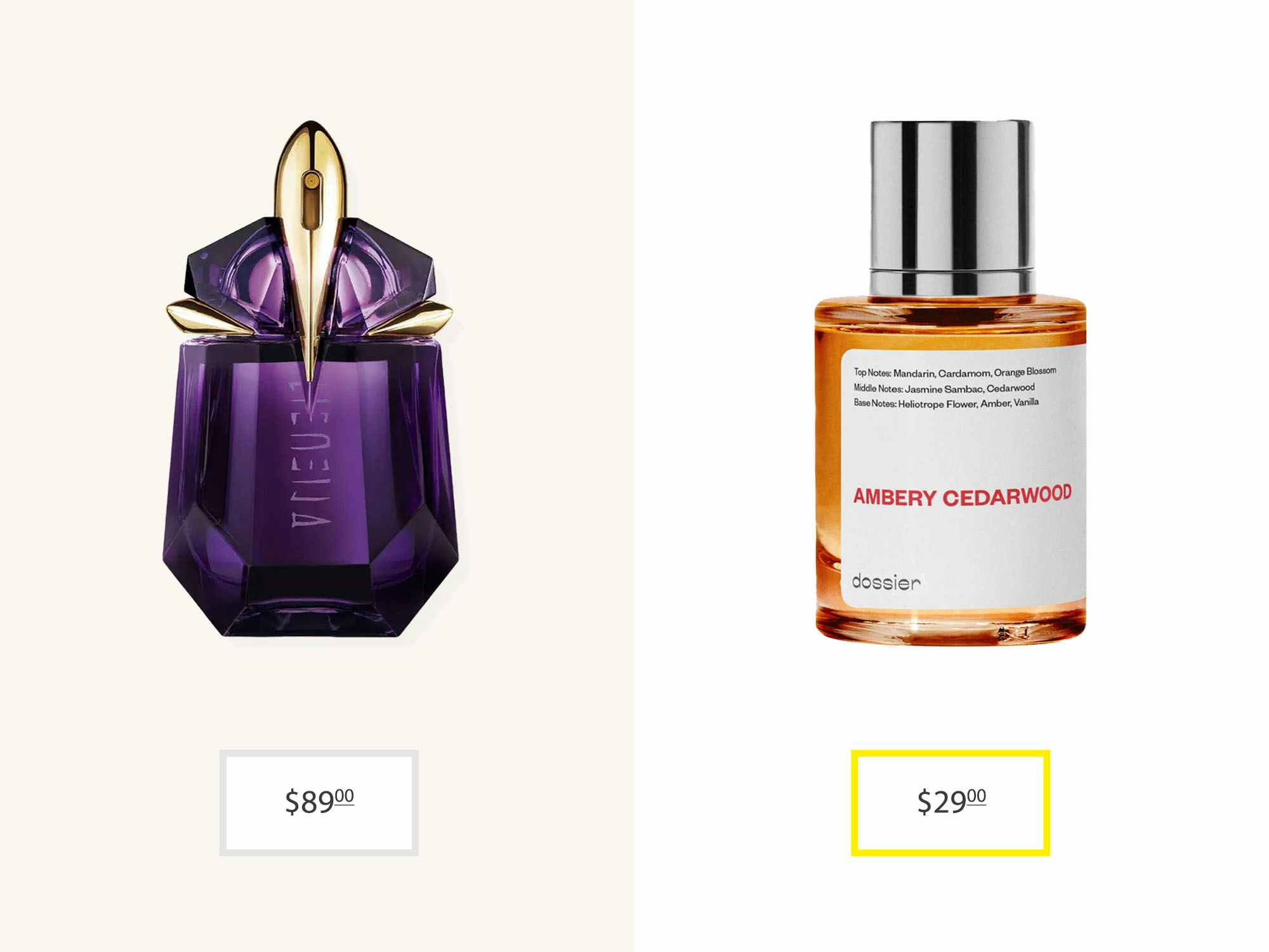 Frangrance comparison between theirry mugler's alien fragrance and dossier's ambery cederwood