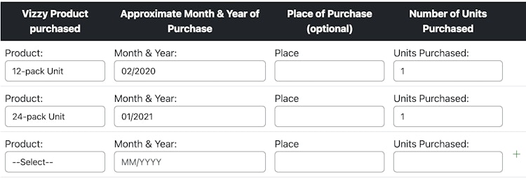 Screenshot of the Vizzy settlement site purchase history list