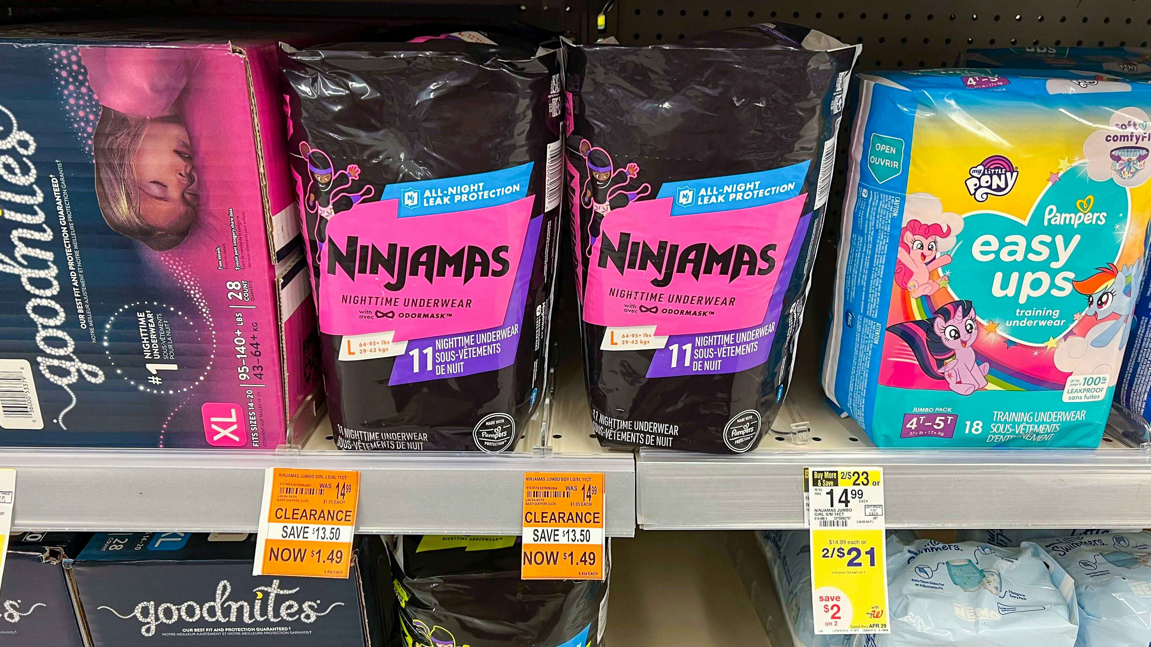 bags of ninjamas diapers on clearance at walgreens