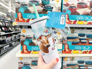 The Pioneer Woman Gingham Cow 27 fluid ounce Stainless Steel Tumbler with Hot & Cold Lids, White