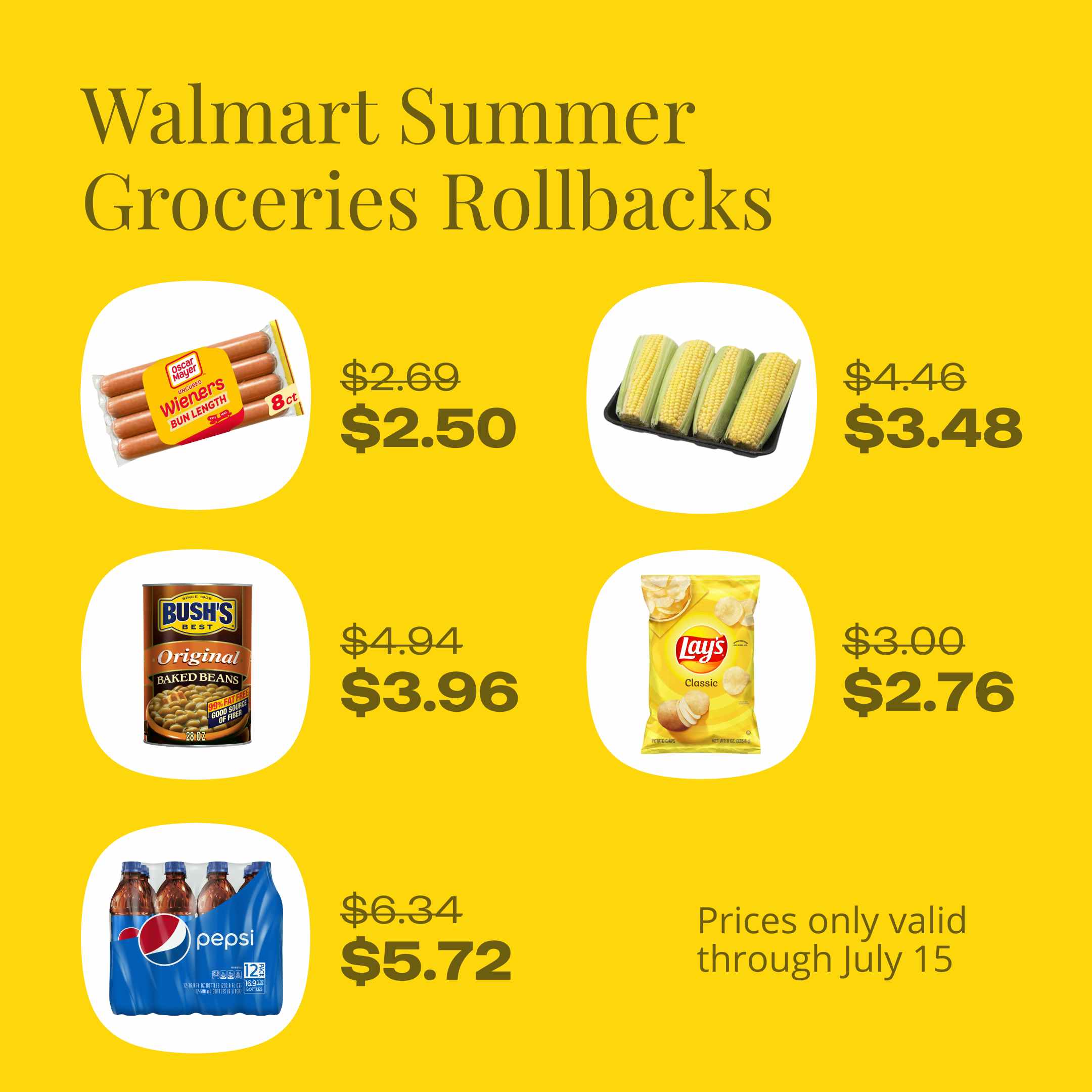 Walmart summer grocery rollbacks: Oscar Mayer Hot Dogs = $2.50, Corn on the Cob = $3.48, Bush's Baked Beans = $3.96, Lay's Chips = $2.76, Pepsi 12-Pack = $5.72