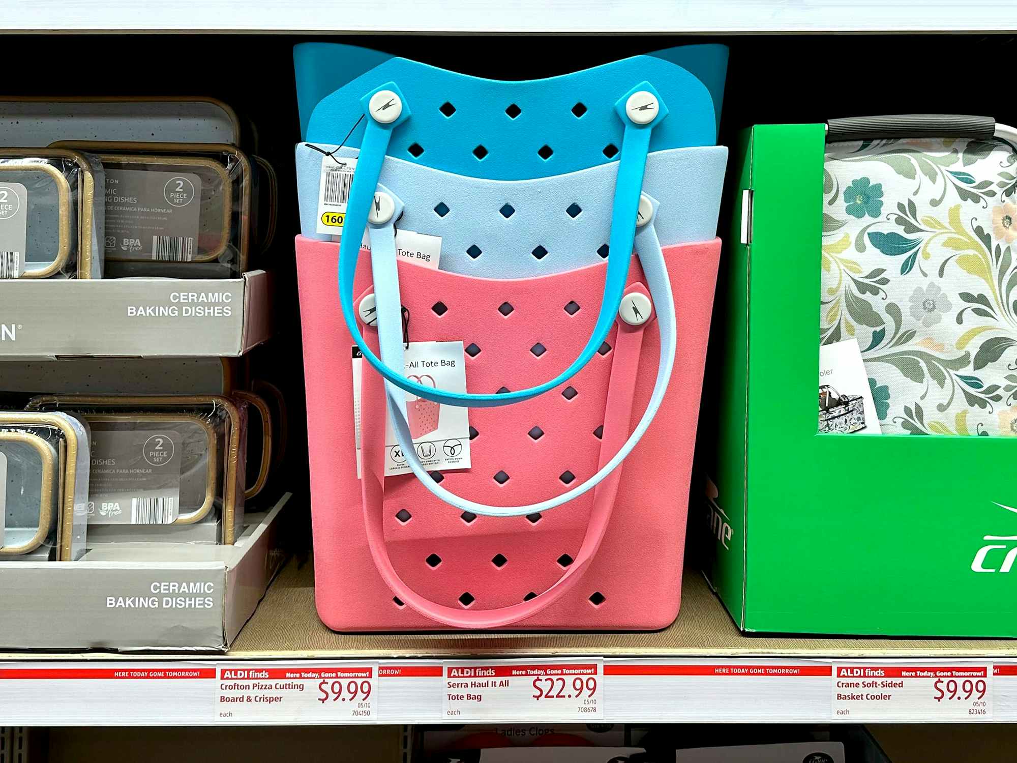 three stacked crane bogg bag look-alike totes on aldi store shelf
