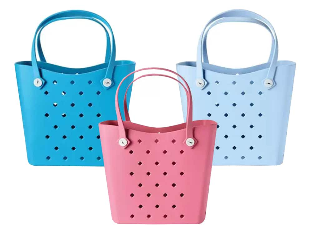 aldi bogg bag dupes in teal, pink, and powder blue