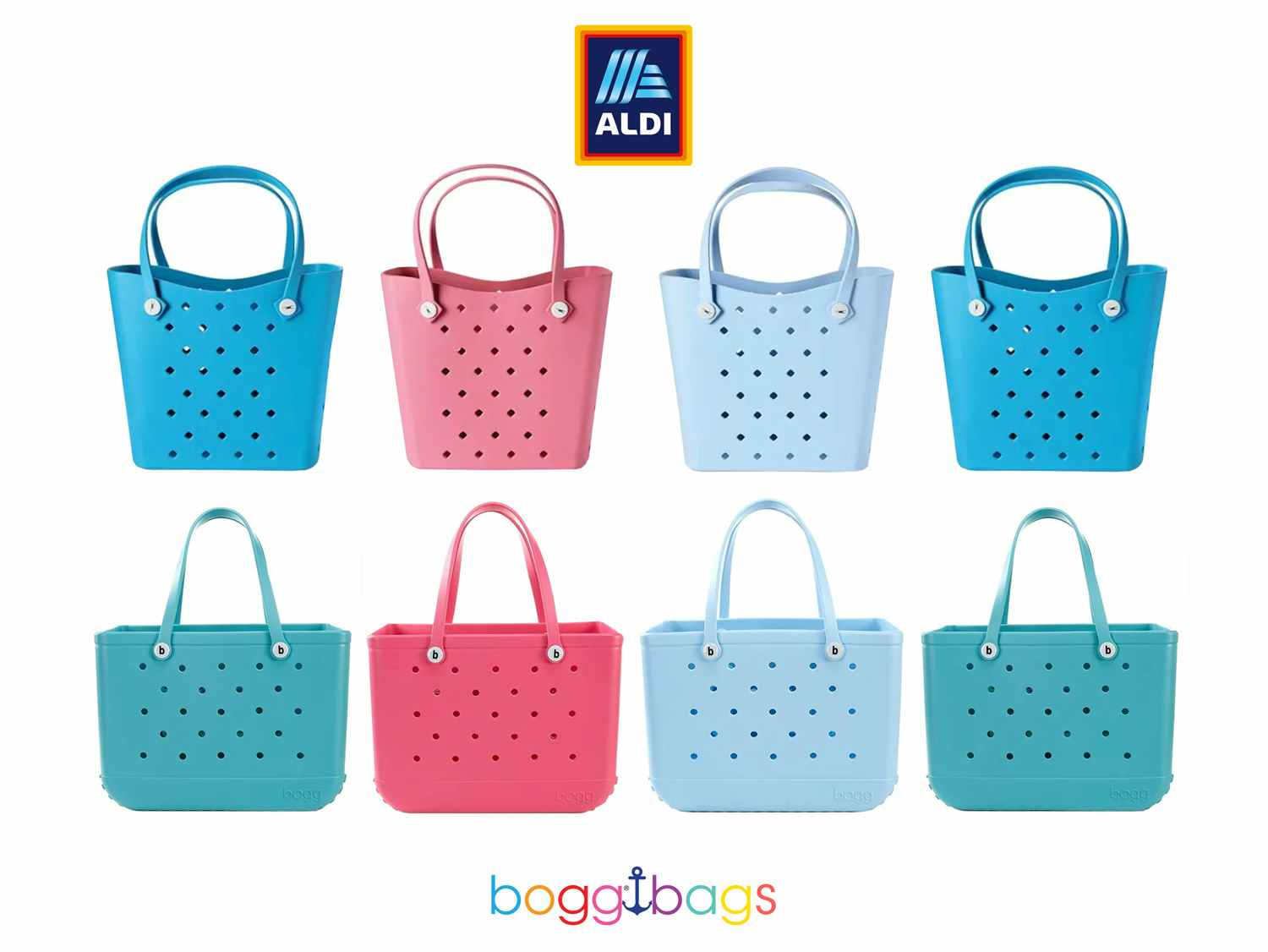 aldi bogg bag dupes in various colors next to original bogg bags