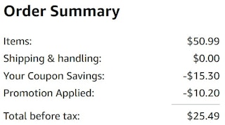 An Amazon order summary ending in $25.49