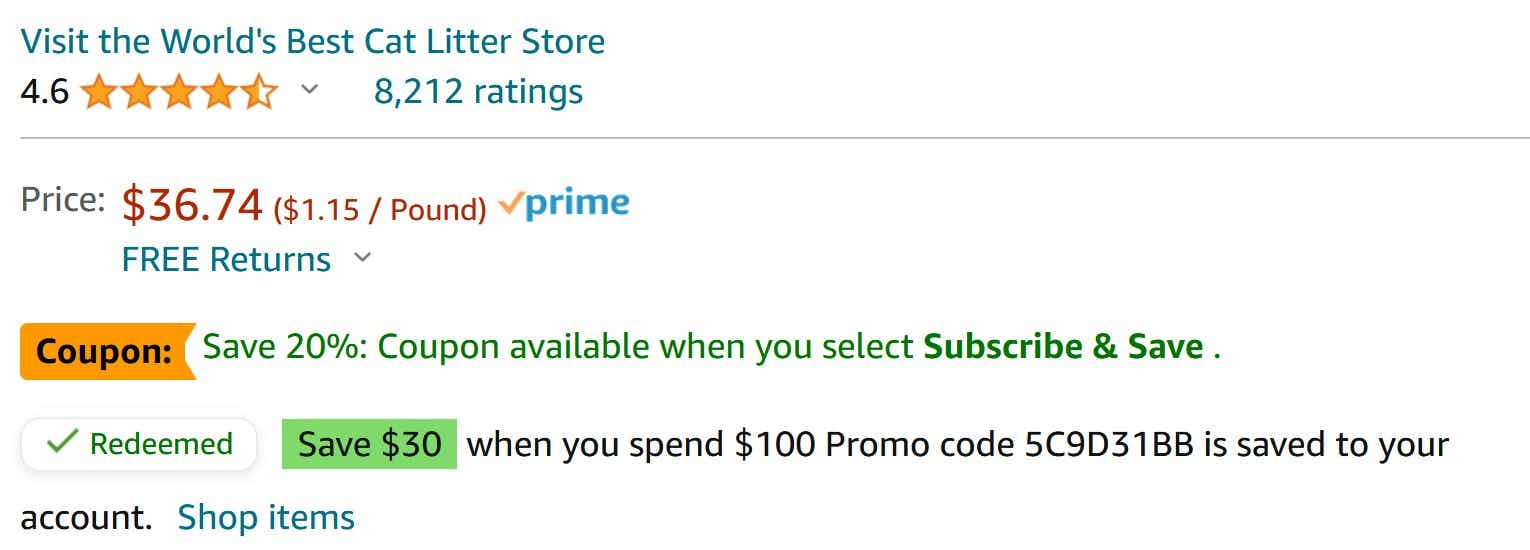 An Amazon price with coupon and promotion data
