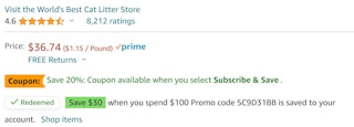 An Amazon price with coupon and promotion data