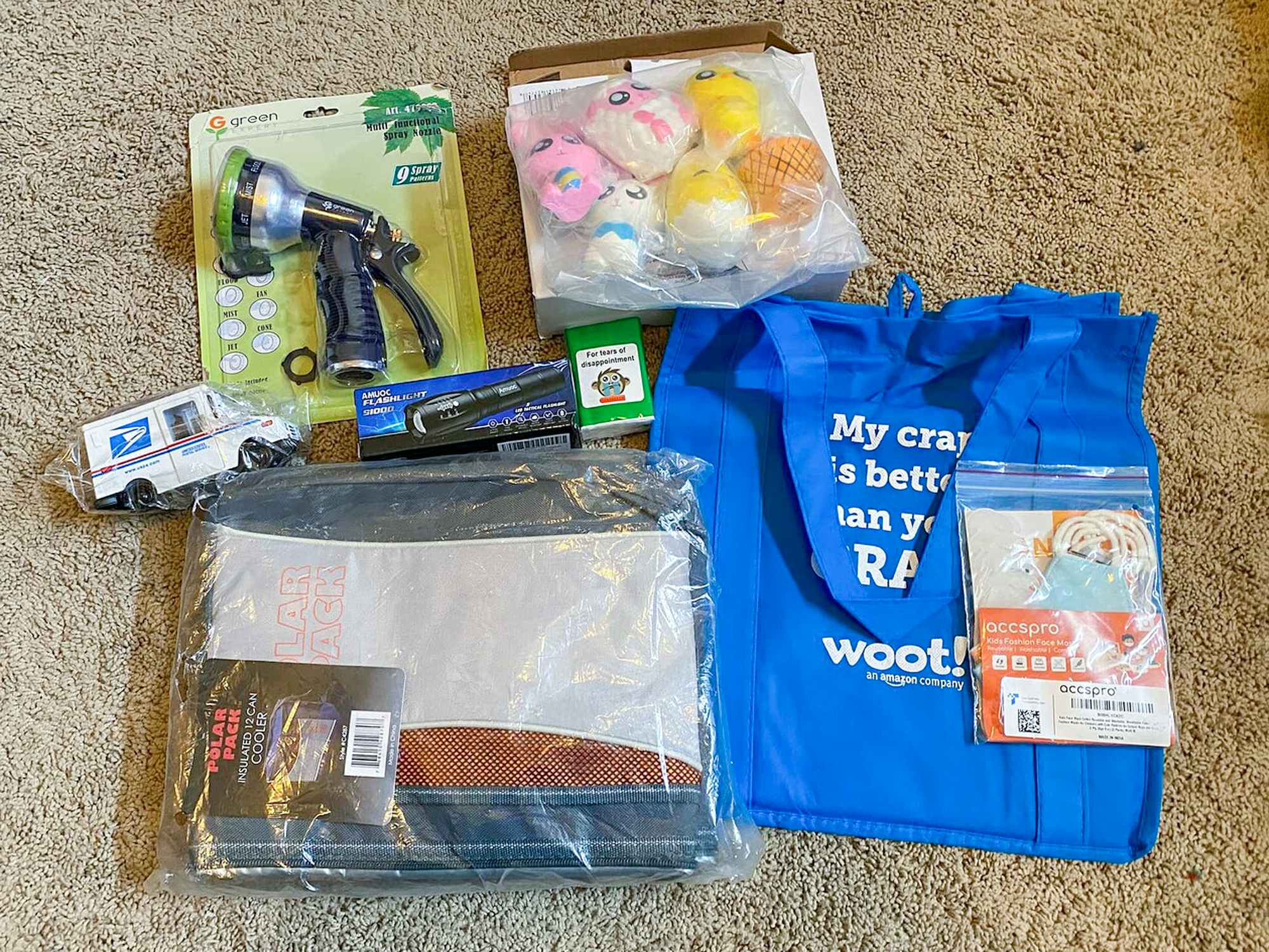 a pile of items that came in a woot crap bag