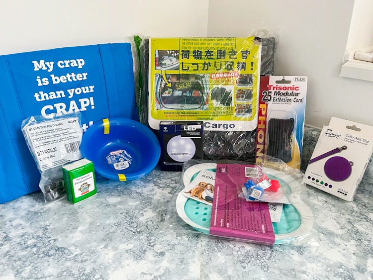 a counter top full of woot items 