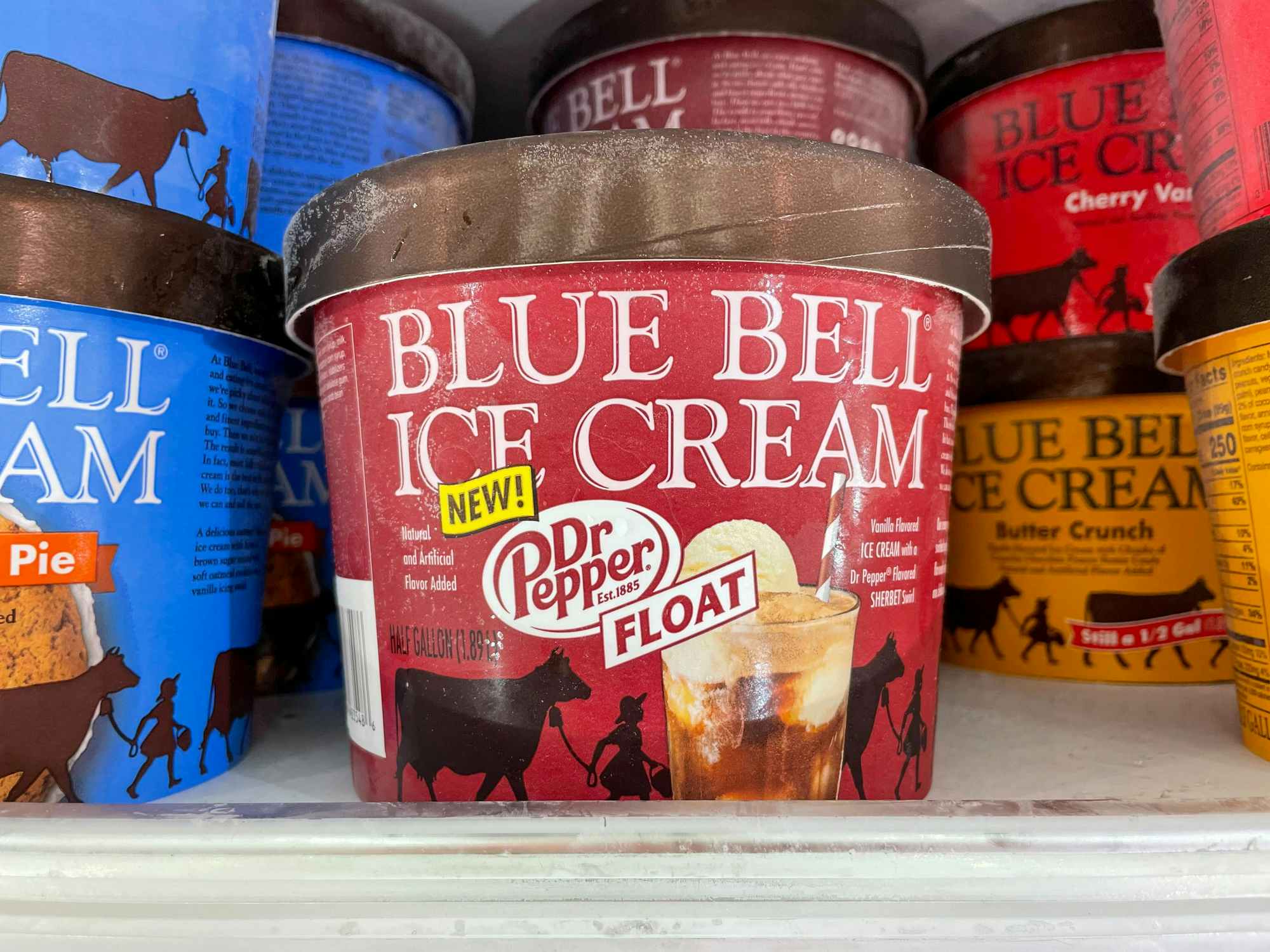 Blue Bell Dr. Pepper Float ice cream on a store shelf