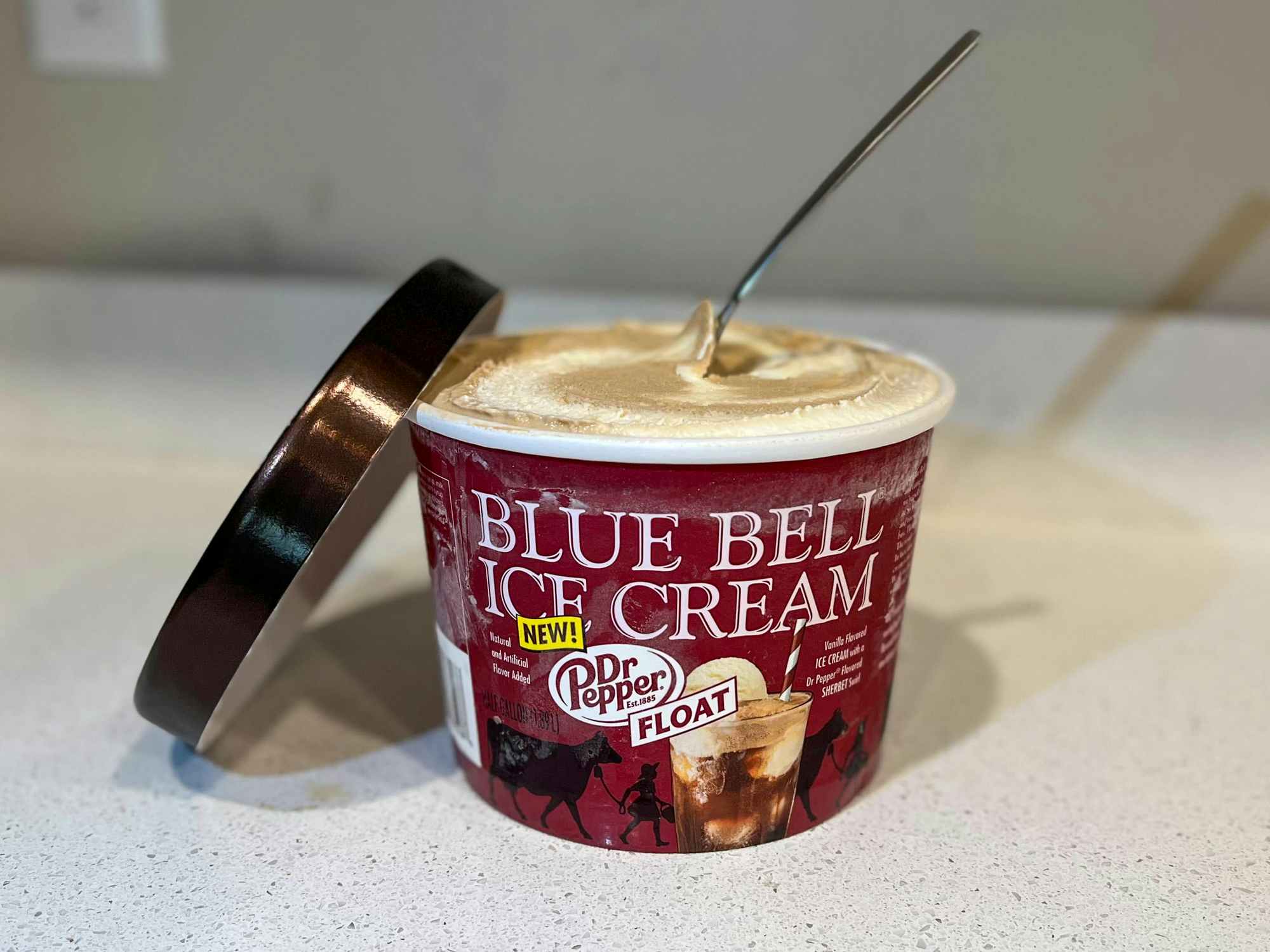 Blue Bell Dr. Pepper Float ice cream on someone's counter