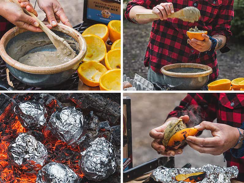 collage of images showing how to prepare campfire muffins with orange peels