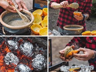 collage of images showing how to prepare campfire muffins with orange peels