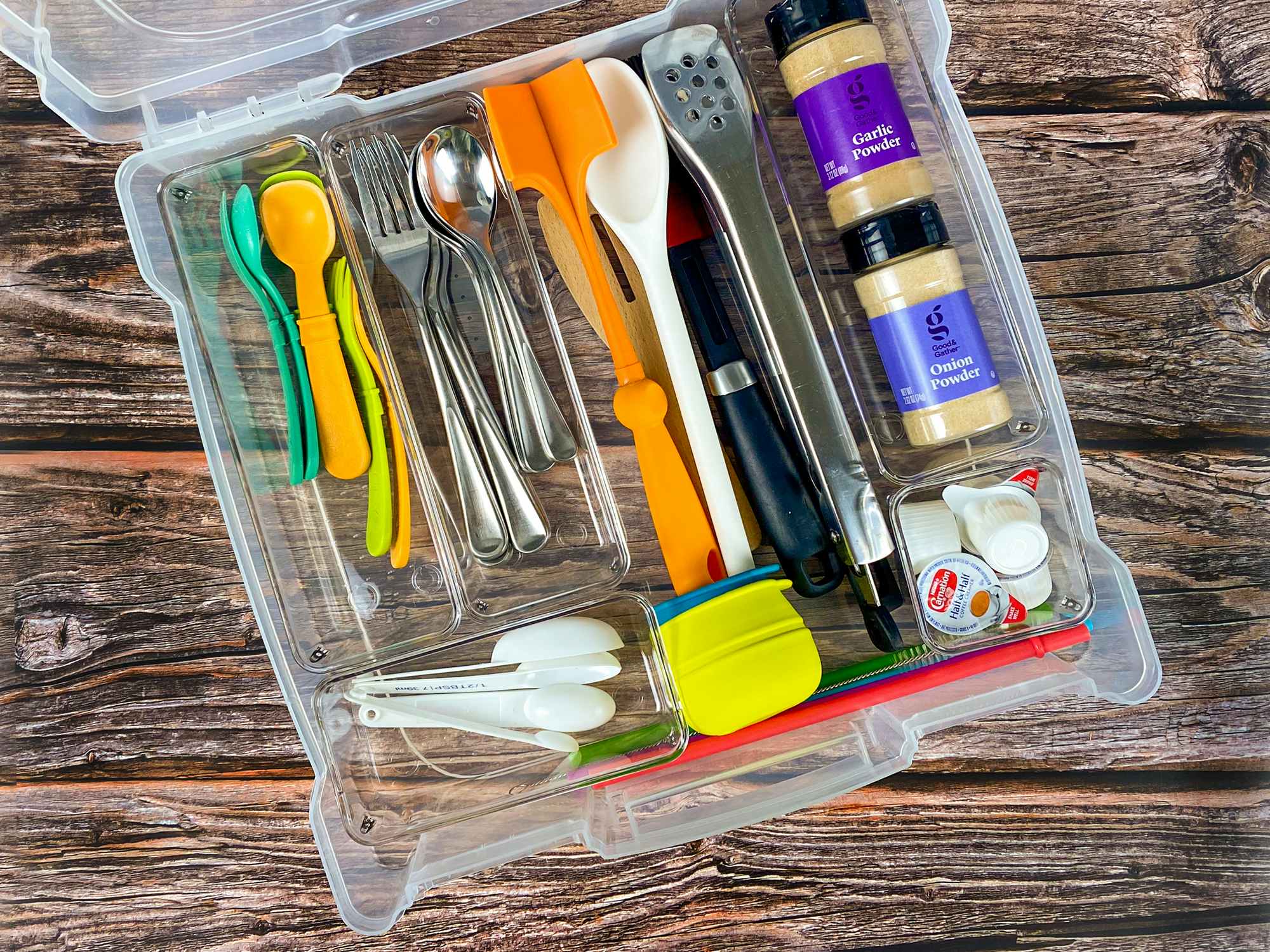 utensils in a craft organizer for camping
