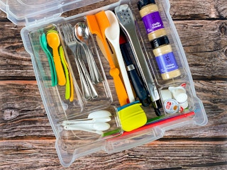 utensils in a craft organizer for camping