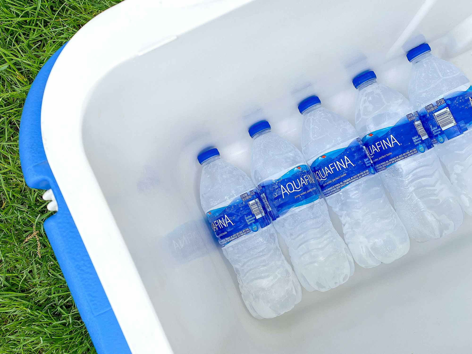 frozen bottles of water serving as ice in a cooler