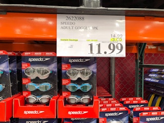 3 packs of speedo goggles by a sign for 11.99