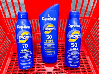 two Coppertone Sport sprays and one Coppertone Sport lotion in shopping basket