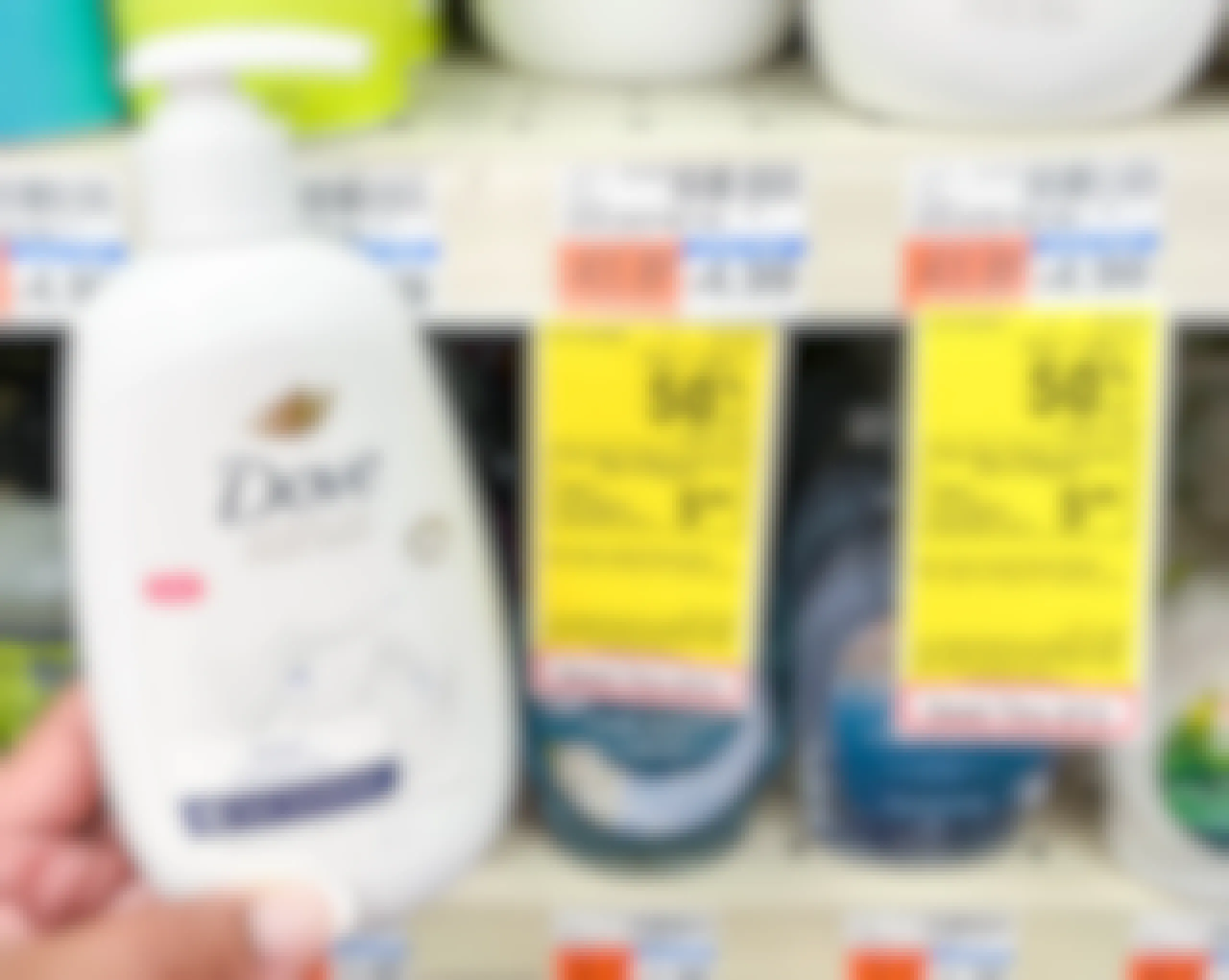 hand holding bottle of Dove hand wash next to sales tag